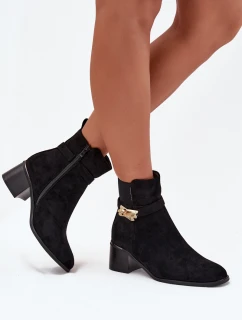Ocieplane Botki Damskie Ze Złotą Ozdobą Na Klocku Czarne Sarona