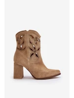 Zamszowe Ażurowe Botki Na Słupku Lewski 3629 Beżowe