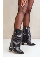 Ocieplane Botki Z Wywiniętą Cholewką Na Słupku Czarne Tamalis