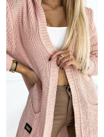 Ružový dámsky sveter s kapucňou, vreckami a nášivkou 488-2
