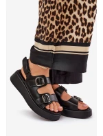 Sandały Damskie Na Platformie I Koturnie Z Klamrami Czarne Genorre