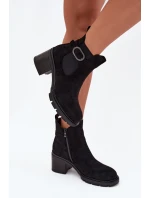 Ocieplane Botki Damskie Na Słupku Z Ozdobną Klamrą Czarne Melara