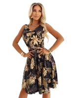 114-18 Čierne midi šaty s elegantným vrchným dielom a rozšírenou spodnou časťou - zlaté listy