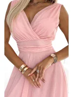 541-2 CELESTINA Elegantné tylové šaty s výstrihom a mašľou - BRUCE PINK 541-2 CELESTINA Elegantné tylové šaty s výstrihom a mašľou - BRUCE PINK