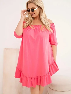 Dámske plus size bavlnené šaty s volánom ružové