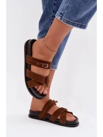 Dámské pantofle s pásky a zlatým sponou Hnědé Selorina