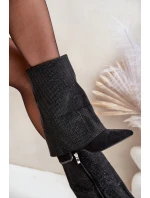 Zdobione Błyszczące Botki Z Wywiniętą Cholewką Na Słupku Ocieplane Czarne Xistaria