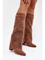 Kozačky Eko semišové podpatek sloupek na zip vyhřívané vytočená lýtka tmavě béžové Evyra