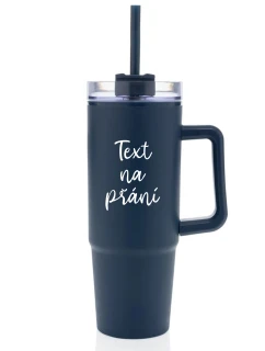 TEXT NA PŘÁNÍ - tmavě modrý cestovní termohrnek s průhledným víčkem 900 ml