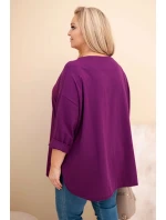 Dámska blúzka Plus Size s bavlnou, vreckom a vyhrnutými rukávmi tmavo fialová