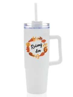 KRÁSNÝ DEN (PODZIM) - bílý cestovní termohrnek s průhledným víčkem 900 ml  