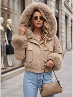 Krátka dámska bunda s odnímateľnou kožušinou, béžová, FashionStreet TY5837 Krátka dámska bunda s odnímateľnou kožušinou, béžová, FashionStreet TY5837