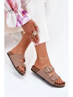 Klapki Damskie Ze Złotymi Klamrami I Przeszyciami Khaki Lunera