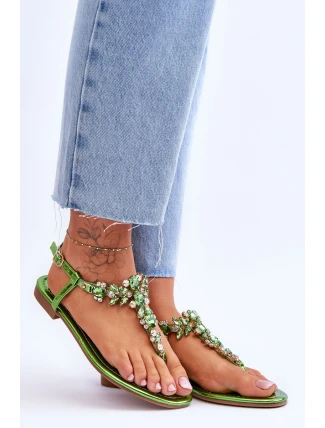 Damskie Sandały Japonki Z Kamieniami Zielone Lenisa