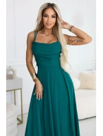 589-6 Maxi šaty bez ramienok s korzetovým zaväzovaním vzadu a rozparkom - fľaškovo zelené