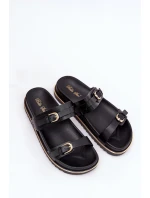 Klapki Damskie Gładkie Na Platformie Z Paskami I Klamrami Czarne Ziferte