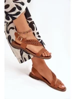 Sandały Damskie Z Naturalnej Skóry Na Płaskim Obcasie Zazoo 3564 Camel