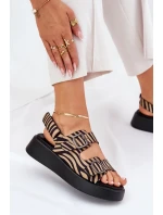 Sandały Damskie Na Platformie I Koturnie Z Klamrami Zebra Beżowo-Czarne Genorre