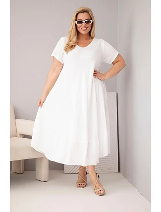 Dámske plus size šaty s krátkymi rukávmi a volánom z ľahkej viskózy bielej farby