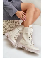 Lakierowane Ocieplane Botki Workery Z Ozdobą Beżowe Kelilea