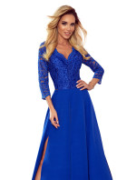 Elegantné dlhé šaty s čipkovým výstrihom Numoco AMBER - modré