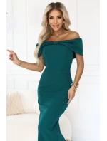 644-1 Zmyselné španielske midi šaty s mašľou vo výstrihu - fľaškovo zelené