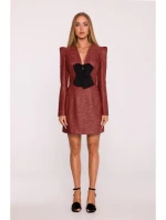 M869 Tvídové šaty s výstrihom do V - bordové