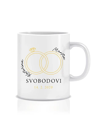Personalizovaný klasický biely keramický hrnček s objemom 300 ml s prstienkami a menami Personalizovaný klasický biely keramický hrnček s objemom 300 ml s prstienkami a menami