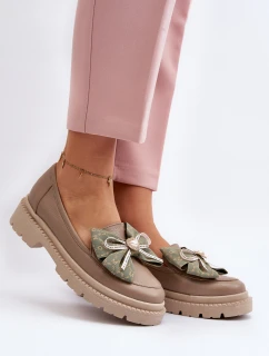 Damskie Skórzane Mokasyny Z Kokardą Laura Messi 2787 Beżowe