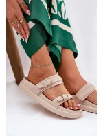 Klapki Damskie Na Platformie Ze Złotymi Klamrami Beżowe Wernone