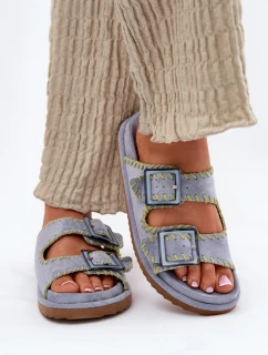 Klapki Damskie Z Klamrami I Ozdobnym Obszyciem Niebieskie Visley