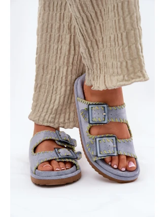 Klapki Damskie Z Klamrami I Ozdobnym Obszyciem Niebieskie Visley