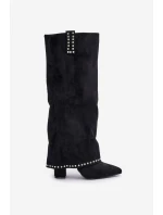 Kozaki Damskie Z Wywiniętą Cholewką Na Słupku Czarne Kaithena