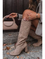 Kozaki Damskie Ocieplane Na Słupku Z Ozdobnymi Detalami Beżowe Lucinda