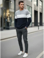 Pánsky sveter s okrúhlym výstrihom v sivej a tmavomodrej farbe FashionStreet WX2320