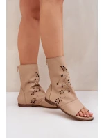 Zazoo 3437 Damskie Skórzane Sandały Z Cholewką Na Zamek Beżowe