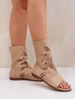 Zazoo 3437 Damskie Skórzane Sandały Z Cholewką Na Zamek Beżowe