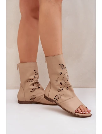 Zazoo 3437 Damskie Skórzane Sandały Z Cholewką Na Zamek Beżowe