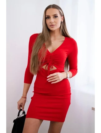 Rebrované šaty s viazaným výstrihom červené