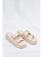 Klapki Damskie Na Koturnie I Platformie Z Klamrami Jasnobeżowe Nitarelia