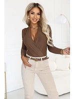 375-11 Štýlový dámsky body s krížovým výstrihom – farba mokka hnedá