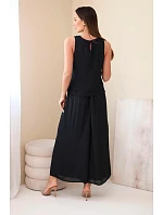 Dámska súprava z viskózy s vrchným dielom bez rukávov a širokými nohavicami s ozdobným lemovaním čierna