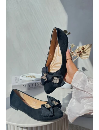 Damskie Eko Zamszowe Baleriny Z Kokardą I Broszką Czarne Satris