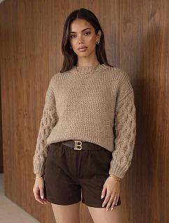 Dámsky oversize sveter s pleteným vzorom, tmavo béžový, FashionStreet MY2592