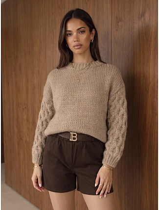 Dámsky oversize sveter s pleteným vzorom, tmavo béžový, FashionStreet MY2592