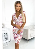 379-3 BOYKA Priliehavé šaty s obálkovým výstrihom - PINK-PIOLET FLOWERS 379-3 BOYKA Priliehavé šaty s obálkovým výstrihom - PINK-PIOLET FLOWERS