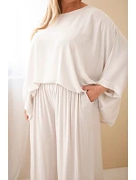 Dámsky plus size viskózový set so širokými nohavicami a blúzkou béžovej farby