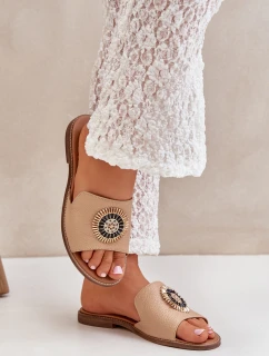 Skórzane Klapki Z Ozdobą Na Płaskim Obcasie Lewski 3047/O Beżowe