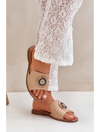 Skórzane Klapki Z Ozdobą Na Płaskim Obcasie Lewski 3047/O Beżowe