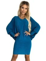 402-3 Netopierie šaty s výstrihom - morská farba s trblietkami